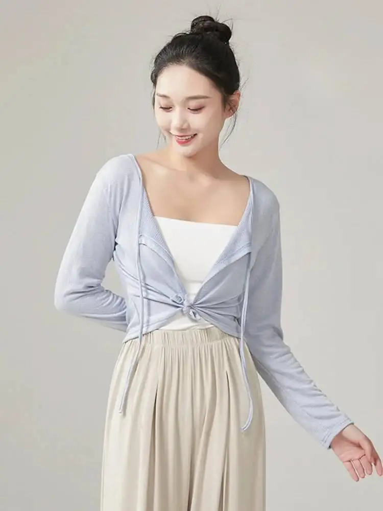 Women Long Sleeve V Neck Ballet Dance Top Solid Color Classical Stage Costume Modern Chinese Folk Performance Cardigan Shirt