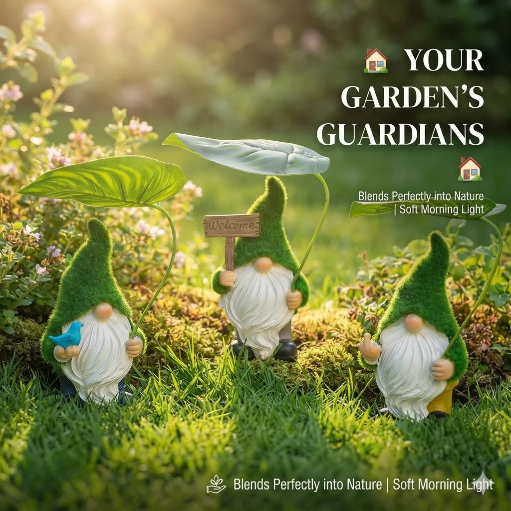 3Pcs Flocked Garden Gnome Statue Waterproof Resin Figurine With Leaf Umbrella Welcome Sign For Outdoor Yard Lawn Patio Decor