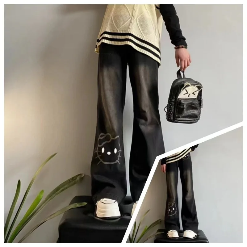 Sanrio Hello Kitty 2025 nouveaux enfants jean Kawaii filles automne taille haute noir jambe large pantalon droit vacances cadeaux d'anniversaire