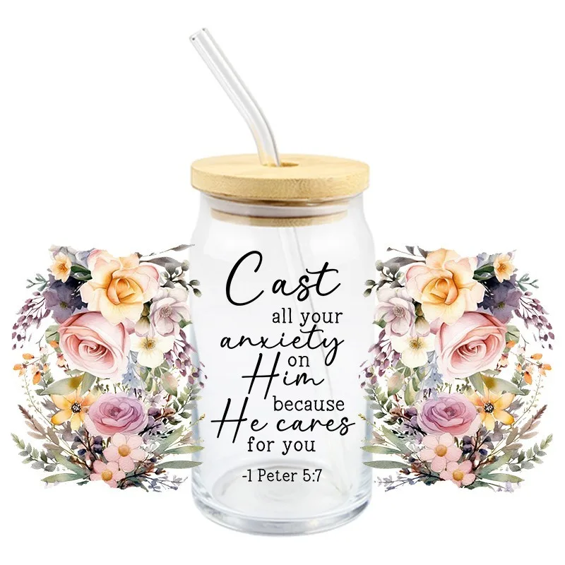 Christ 3D UV DTF Design Flower Bible Verses God Transfer 16oz Libbey Glass Mug Cup High Qaulity