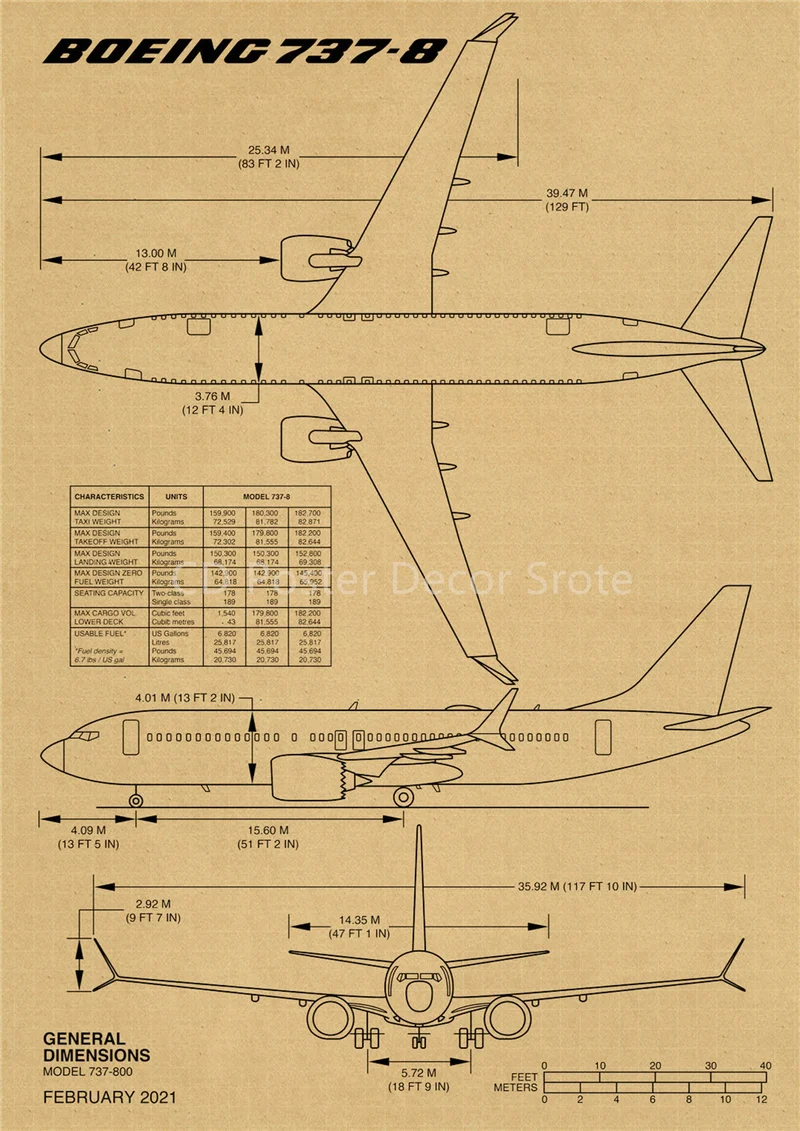 Póster Vintage de estructura de avión Boeing, diagrama de arquitectura de avión, impresión de papel Kraft, decoración artística para pared,