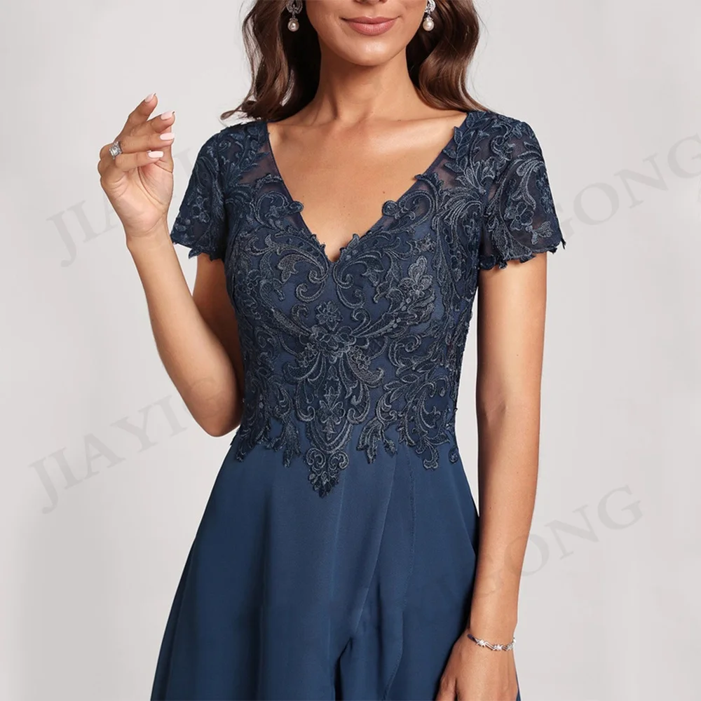 Kurze Ärmel V-Ausschnitt Mutter der Braut Kleid Spitze Applikation Tee Länge Chiffon Hi-Lo eine Linie Hochzeit Gast kleid Party kleider