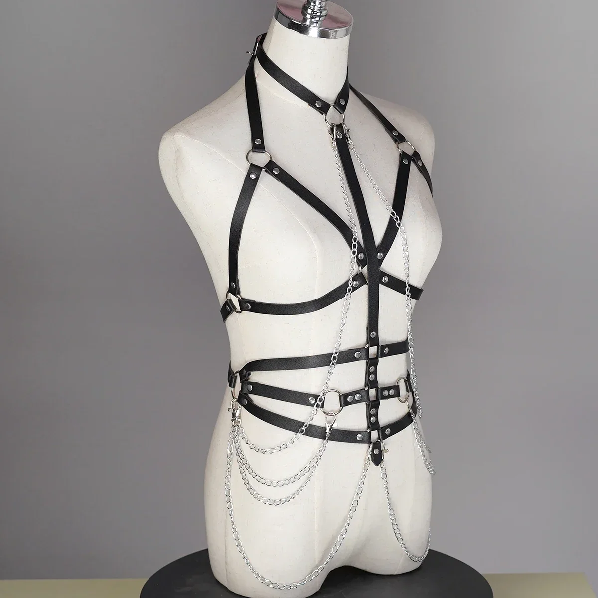 

Ladies' black PU leather body restraint belt, restraint chain, tassel chain decoration belt, gothic punk adjustable fashion acce