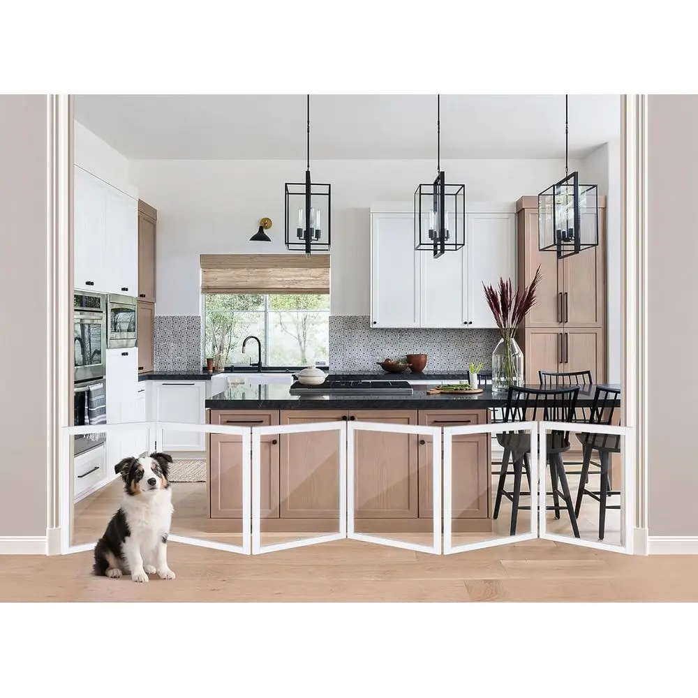 

6-панельный прозрачный барьер для собак - прочные деревянные и пластиковые ворота для домашних животных для коридоров, лестниц и дверных проемов