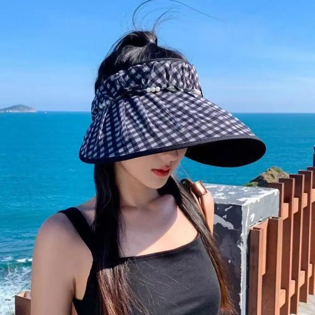 

Sun Hat Checkered Design Empty Top Full Face Sun Protection Large Eaves Hat with Bowknot Faux Pearls Decor Summer Travel Hat UV