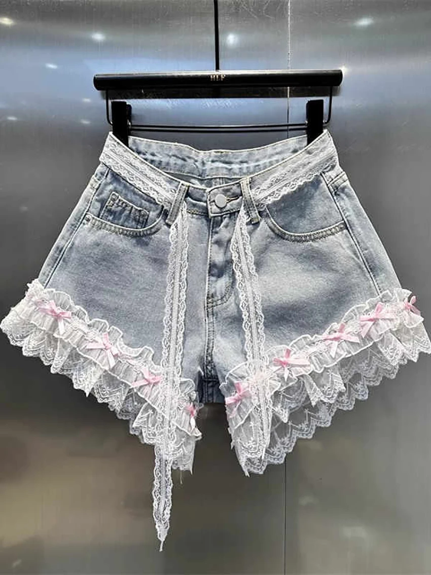 Summer Sweet Lace Denim Shorts for Women Bow Ruffles Patchwork A-line Short Jeans Korean Fashion Female Wide Leg Shorts