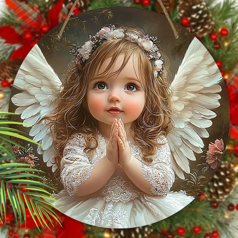1pc Angelic Wooden Wall Hanging Decor - 2D Flat Relief Cherub Guardian Sign for Front Door, Home Decoration, No Electricity Need