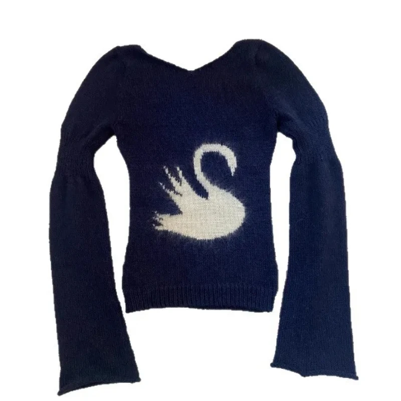 가을 감성 카와이 빈티지 우아한 니트웨어 만화 백조 자카드 긴팔 풀오버 타이트 O넥 트럼펫 소매 스웨터