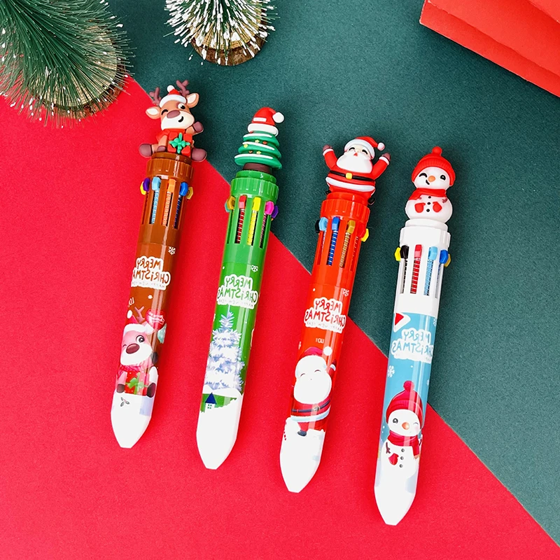 1Piece Christmas 10-color Ballpoint Pen Student Press Pen Color Pen Santa Claus Ballpoint Pen 0.5mm School Stationery Kids Gifts