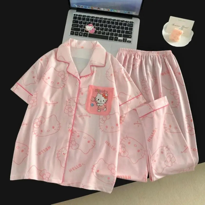 

Новая милая пижама для девочек 2026 года: корейский стиль, весна-лето, с коротким рукавом, с рисунком котенка, мультяшная, аниме, мягкая, удобная домашняя одежда