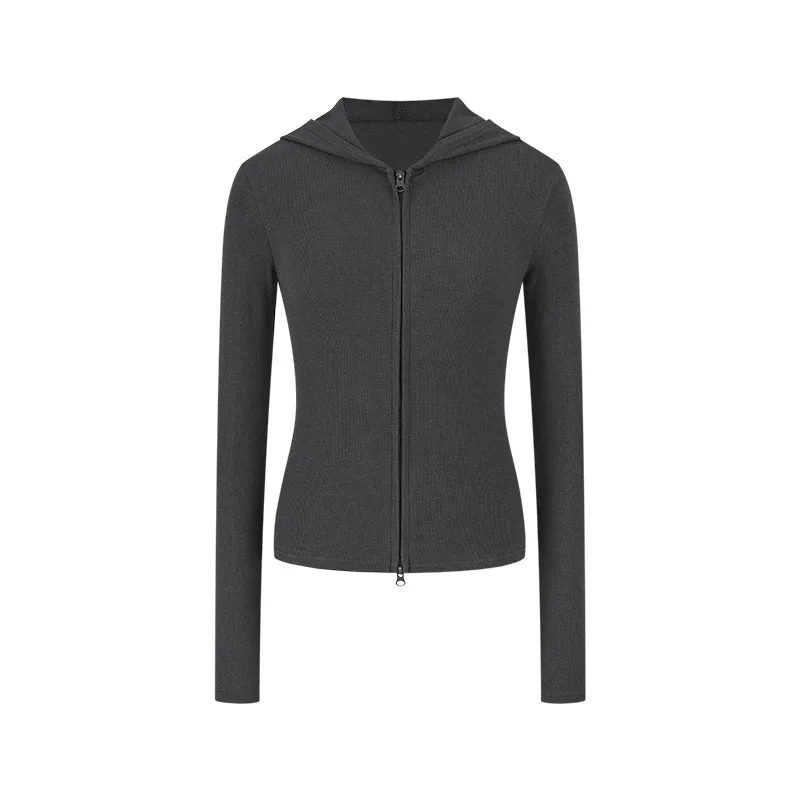 Damska bluza z kapturem na jesień 2025, nowa, dopasowana, jednolita, dzianinowa kardigan, koreański uniwersalny top.