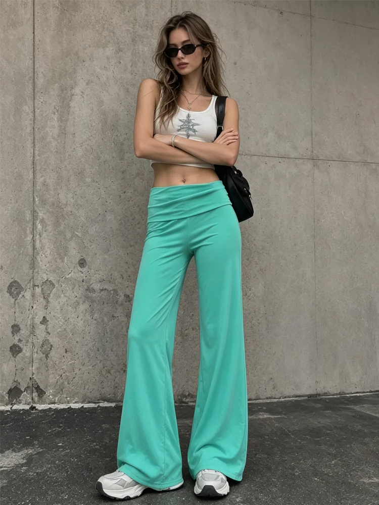 All Season Women Y2K Vintage Mint Green Foldover Waistband Stretchy Slim Flare Pants Casual Streetwear