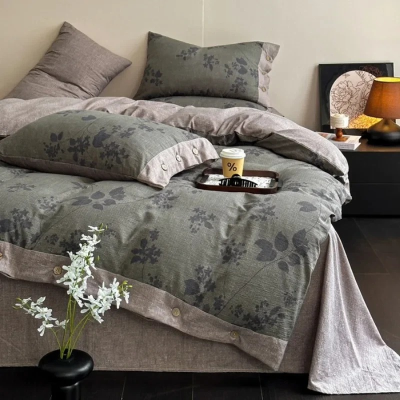 2025 new autumn and winter class A thickened high gram weight linen retro style double-layer yarn printing four-piece set