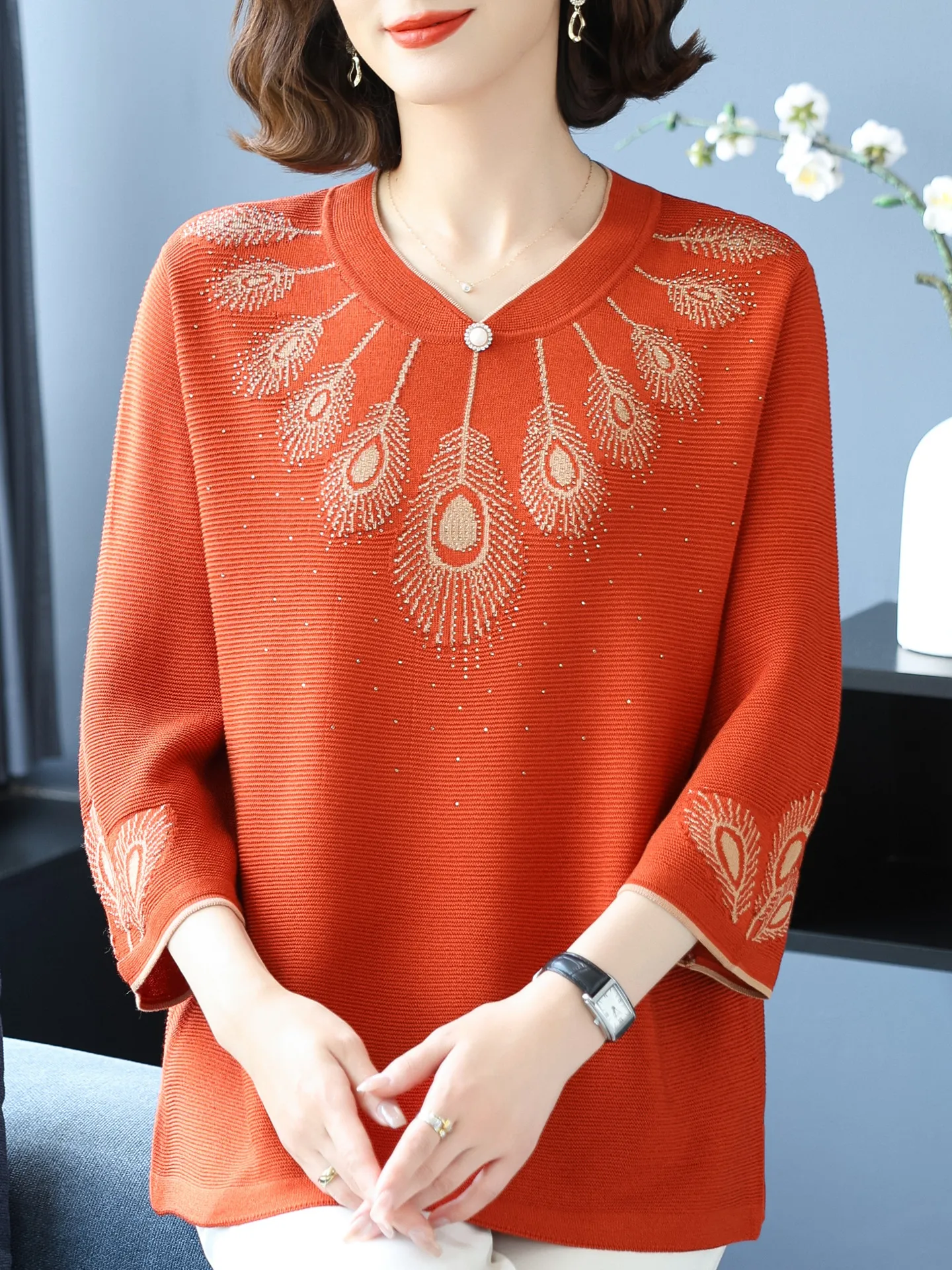 봄 니트 루즈핏 세븐스 스웨트 임부복 탑 플러스 사이즈 여성 티셔츠 패셔너블 플러스 사이즈 니트웨어 중년 여성용...