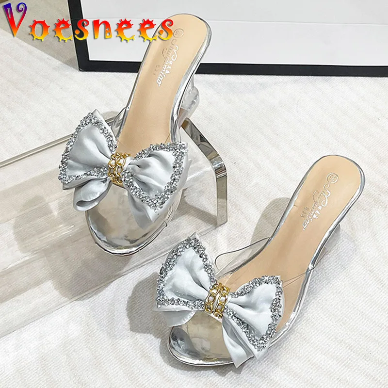 New High Heels Summer Slippers Fashion Elegant Party Transparent Women Shoes Satin Big Bow Wedge Sandals 8CM Pink Pumps Size 43