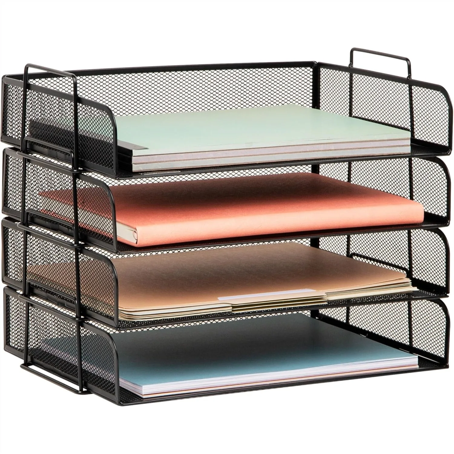 

Stackable Paper Tray Desktop Organizer for Letter Size Documents, 4-Pack Metal Mesh File Storage, Black