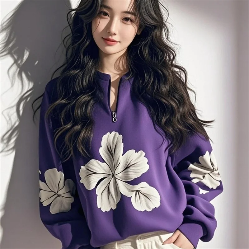 2025 Super beau sweat à capuche Unique noir violet demi fermeture éclair col en v imprimé haut ample femmes printemps automne manteau pull