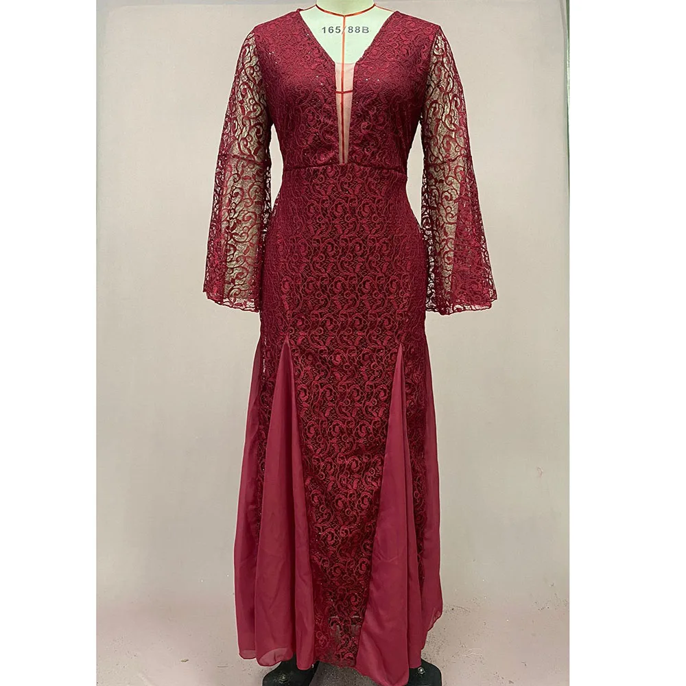 Ele Bla Lace Long Sve Fi Tail Dr Women's Faion Dr Slim Fit Midi Dr V Ne Par Dr للنساء