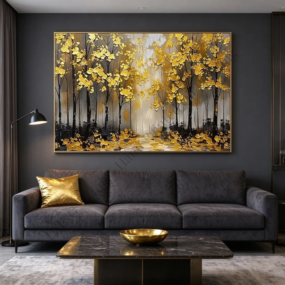 100% Hand Painted Oil Painting Canvas Wall Art Gold Black Forest Golden Tree Luxury Modern Textured Home Decor Living Room Art