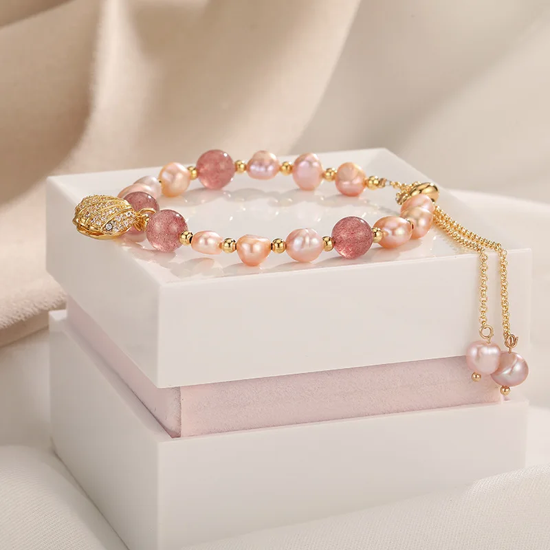 100 % rosa Süßwasserperle und Erdbeerquarz, trendiges Muschel-Design, 14 Karat Gold gefüllt, weibliche Charm-Armbänder für Frauen, Geschenke – Detail 5