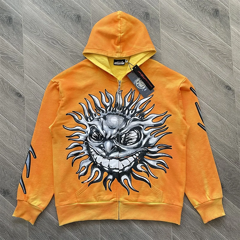 

Hellstar Studios Sun Zip up Hoodie Orange Capsule 11 Hooded Sweatshirt Straight Leg Fit Cardigan Style Youth Fashion Autumn W...