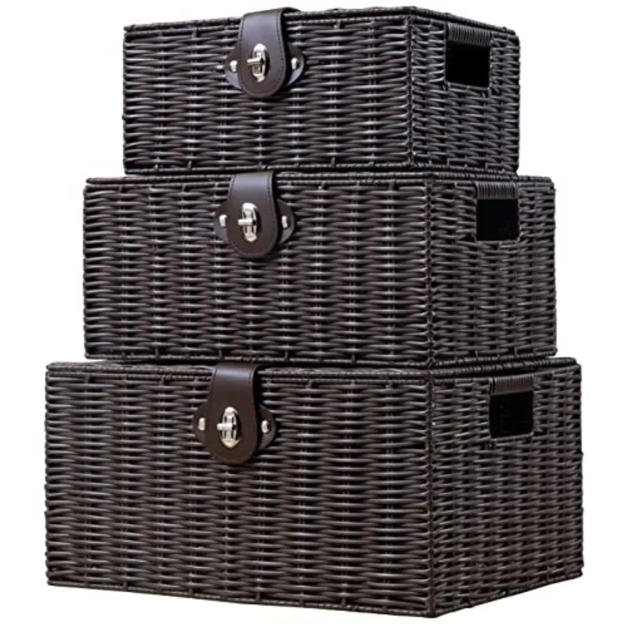 

Set of 3 Woven Wicker Storage Basket Box with Lids and Lock, Built-in Carry Handles, Multifunctional Storage Organizer for Nurs