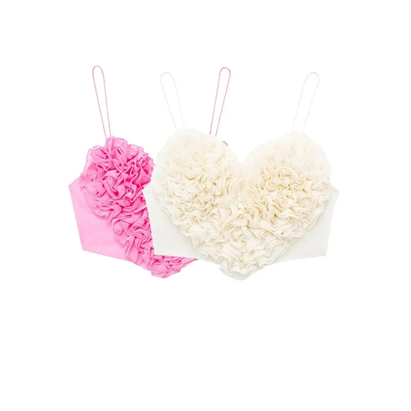 Heart Ruffle Crop Top Women, Spaghetti Strap Slim Cami French, Sexy Bustier Polyester Short Vest, Pink Beige Streetwear Blouse