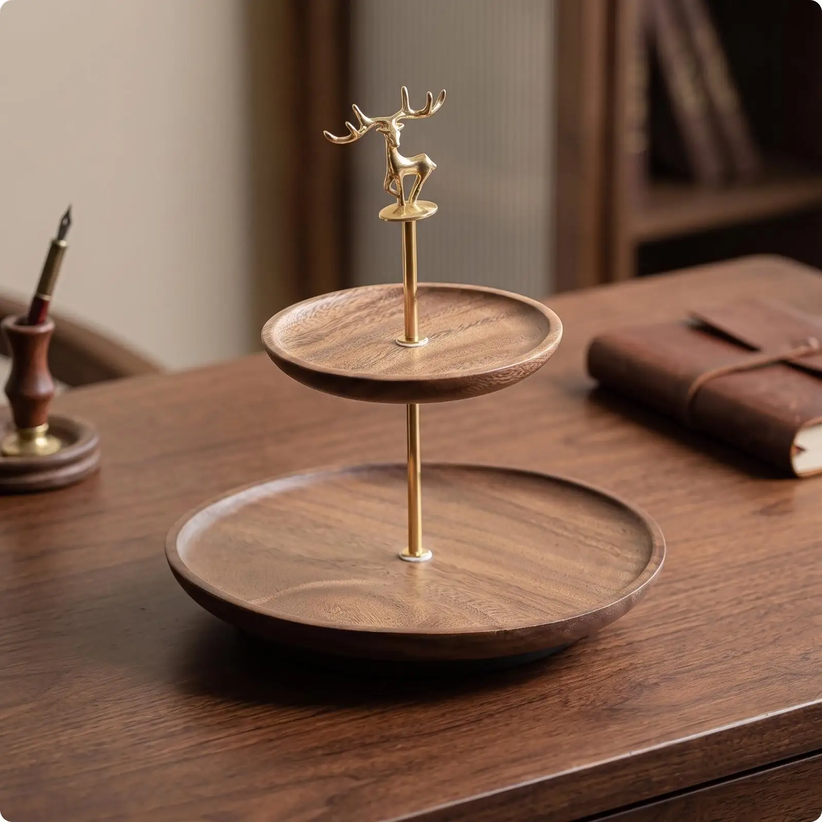Double Tier Walnut Wood Tray Holder with Deer Figurine for Serving Snacks Fruits and Small Items on Counter