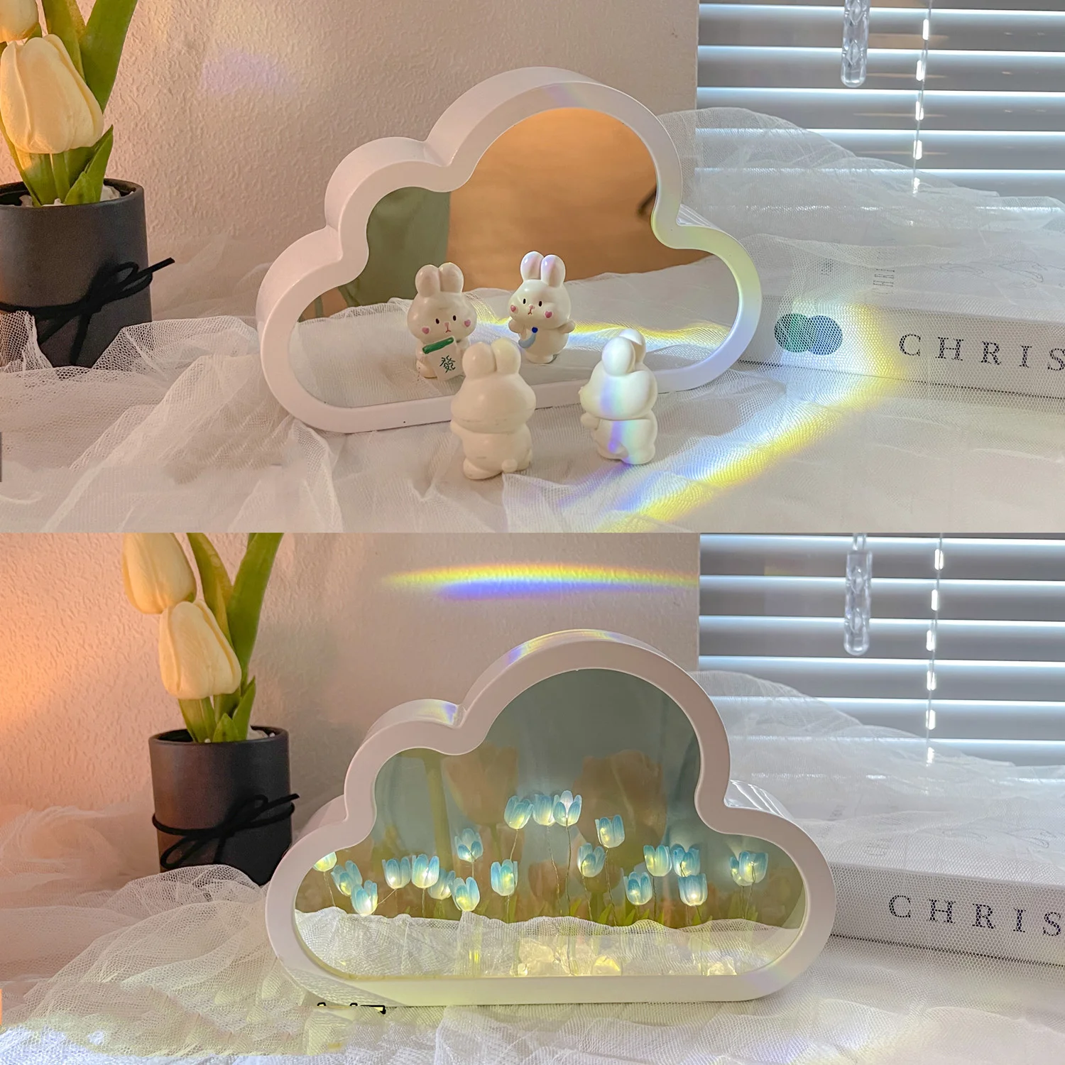 DIY LED Tulip Night Light Cloud Lamp Decorative Mirrors Photo Frame Bedroom Room Decor Table Lamp Bedside Atmosphere Night Light