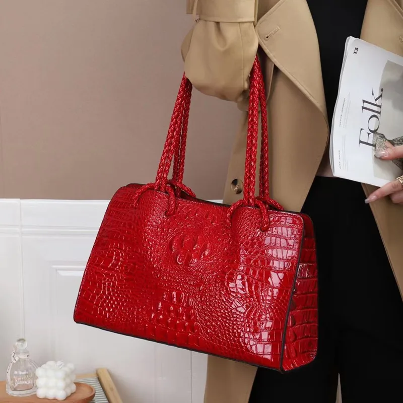 Brand Genuine Leather Women\'s handbags Crocodile Pattern Ladies Tote Bag Fashion Travel Portable Shoulder Underarm Bags