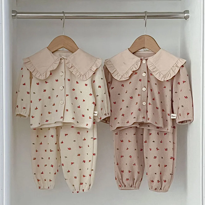 2024 New Spring Newborn Baby Girls Clothing Suit Long Sleeved Waffle Cotton Printing Cardigan+Pants Infant Baby Girl Clothes Set