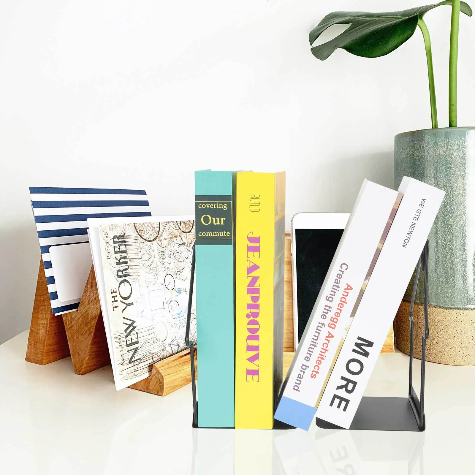 

2Pcs Bookend Metal Book Holders for Shelves Sturdy Desktop Organizer Reading Stand Decorative File Holder Shelf Bookends