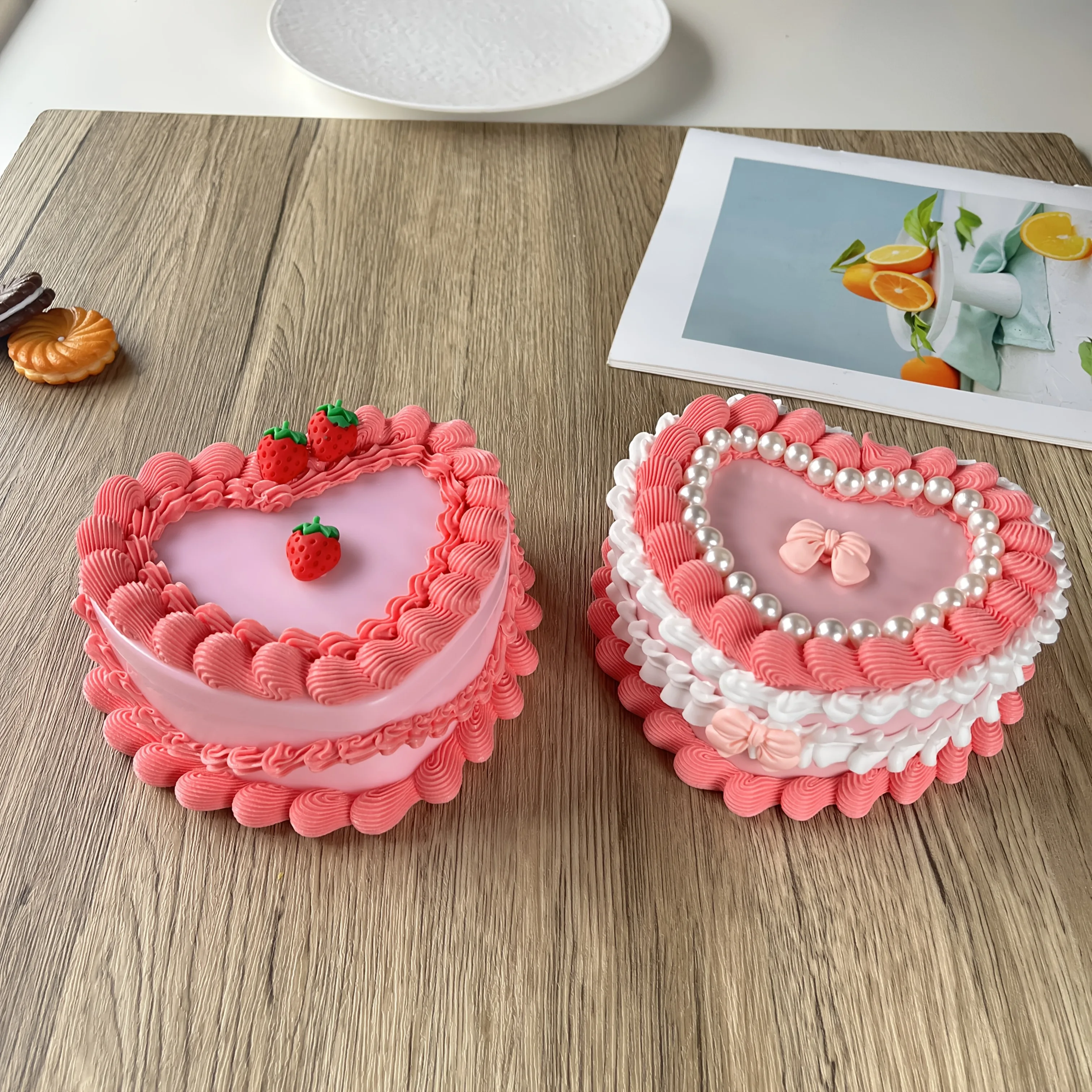 Heart Shaped Fabric Jewelry Storage Box Realistic Cream Cake Jewelry Box Storage Box Valentine's Day Gift Fake Cake Jewelry Box
