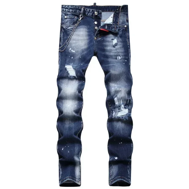 Men Classic Blue Denim Jeans Holes Jeans Pants Italian Style Stretch Denim Pants High Quality Male Slim Denim Trousers Size 42