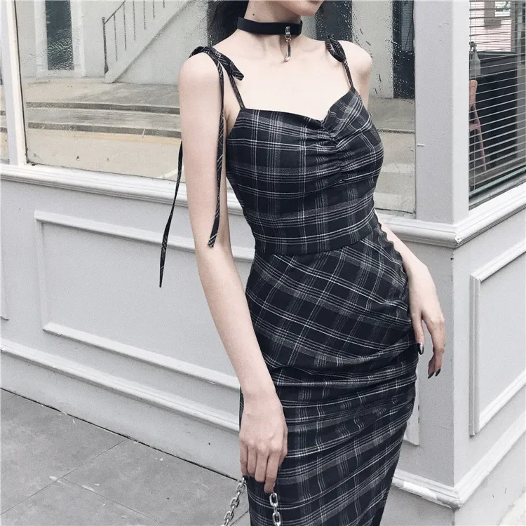 

Ruibbit Punk Gothic Women Summer Black Plaid Sexy Deep V-neck Dress Party Club Wear Dark Halter High Waist Split Dresses Elegant