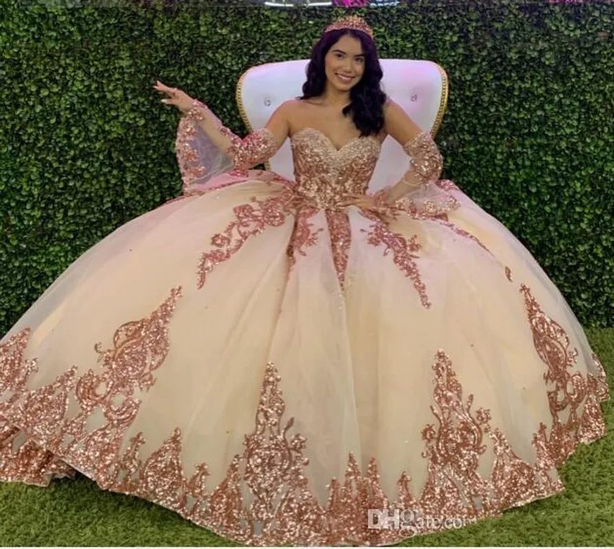 Vestido de quinceañera Charro, color rosa dorado, con lentejuelas, 15 años de hombros descubiertos, dulce 16