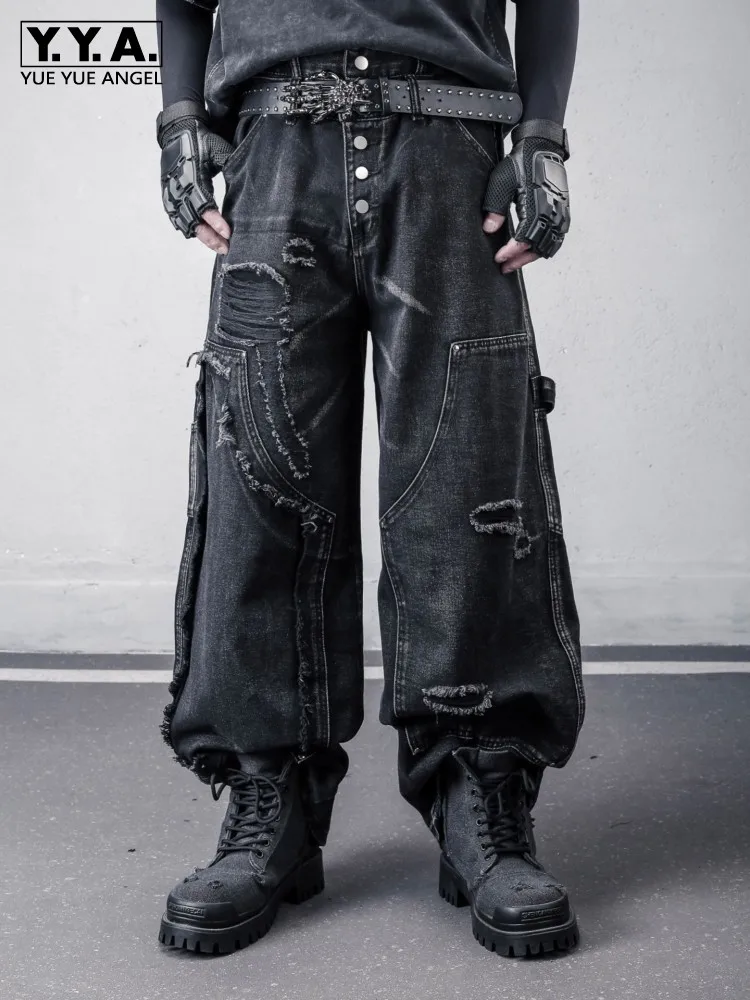 Vintage Double Waist Loose Fit Wide Leg Cargo Pants Button Fly Hole Ripped Jeans Men High Street Casual Cowboy Baggy Denim Pants