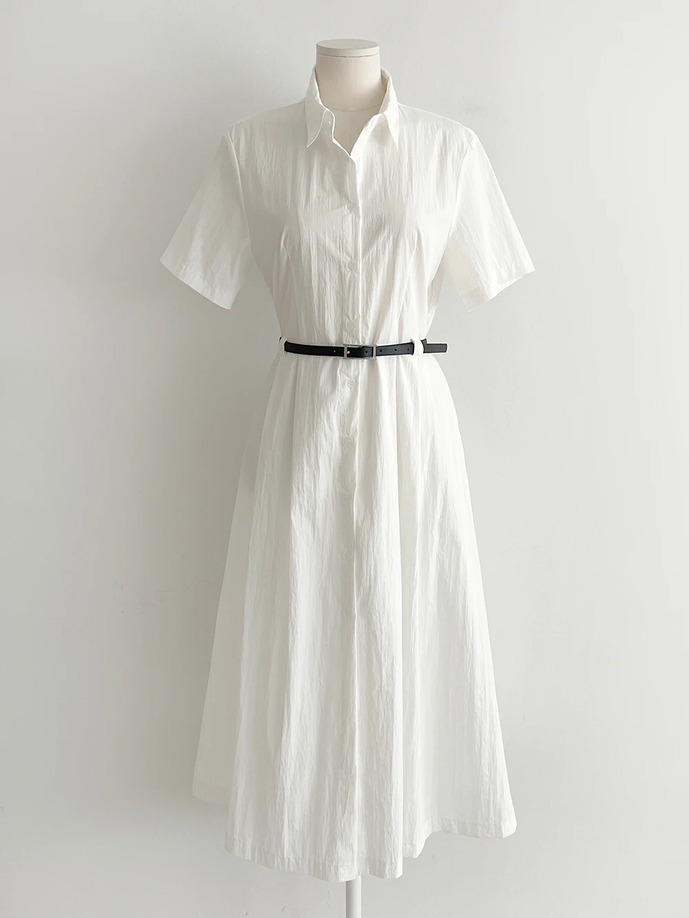 Chic White Short Sleeve Women Shirt Dress Summer Turn Down Collar A-Line Casual Dress Simple French Style Simple-breasted Dress