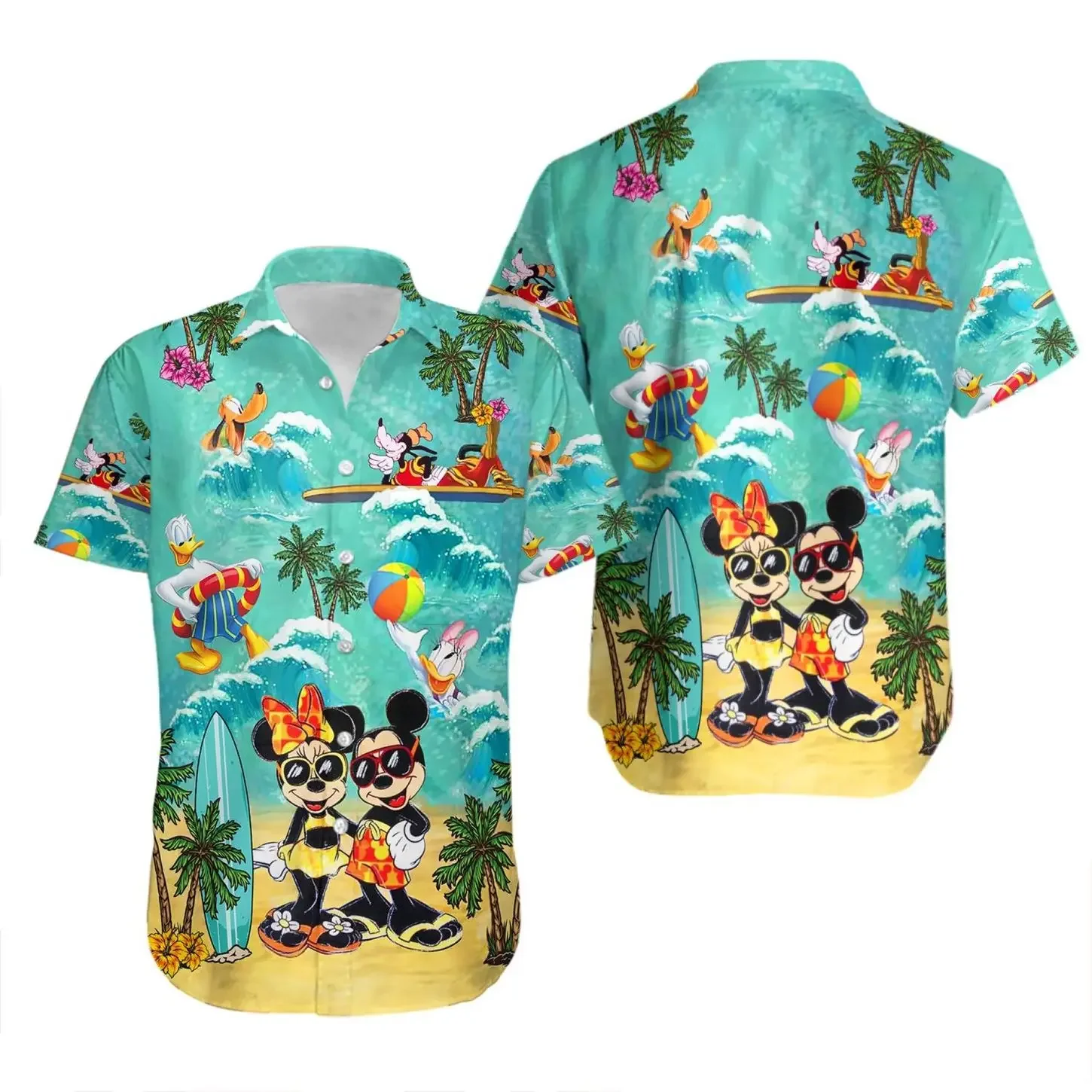 Camisa floral havaiana Disney, masculina e feminina, Mickey Mouse, Pato Donald, Branca, Frangipani, Surf