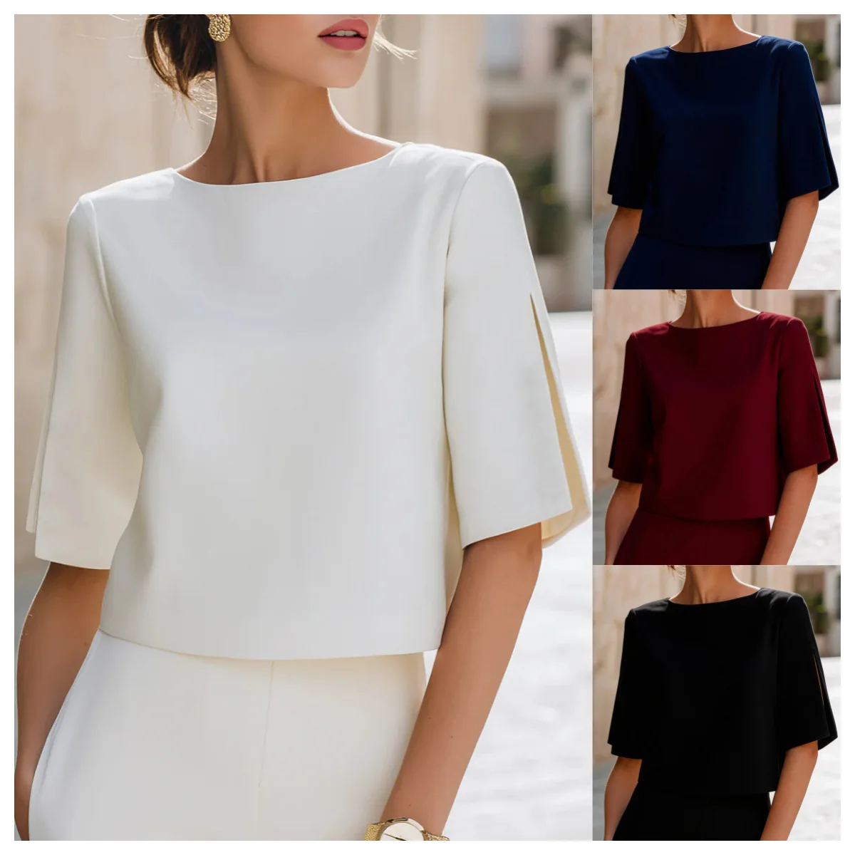 

2026 Spring/Summer Minimalist Style Round Neck Slit Mid-Sleeve Short Top For Women