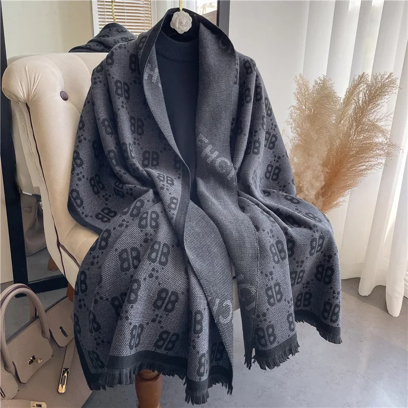 

Luxury Letter B Scarf Women's Autumn and Winter Outside Imitation Cashmere Shawl Dual-purpose Warm Double-sided Fringed Scarf