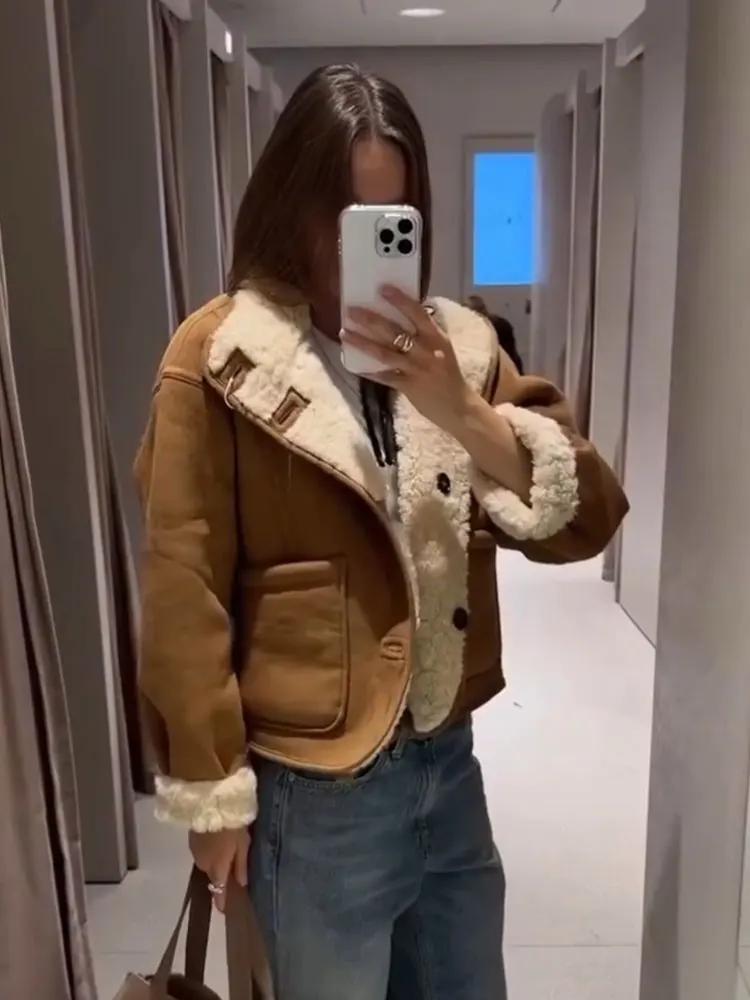 

HH Women Winter Thick Warm Faux Lamb Wool Jacket Fashion Vintage Long Sleeve Double Sided Coats 2025 Autumn Female Streetwear