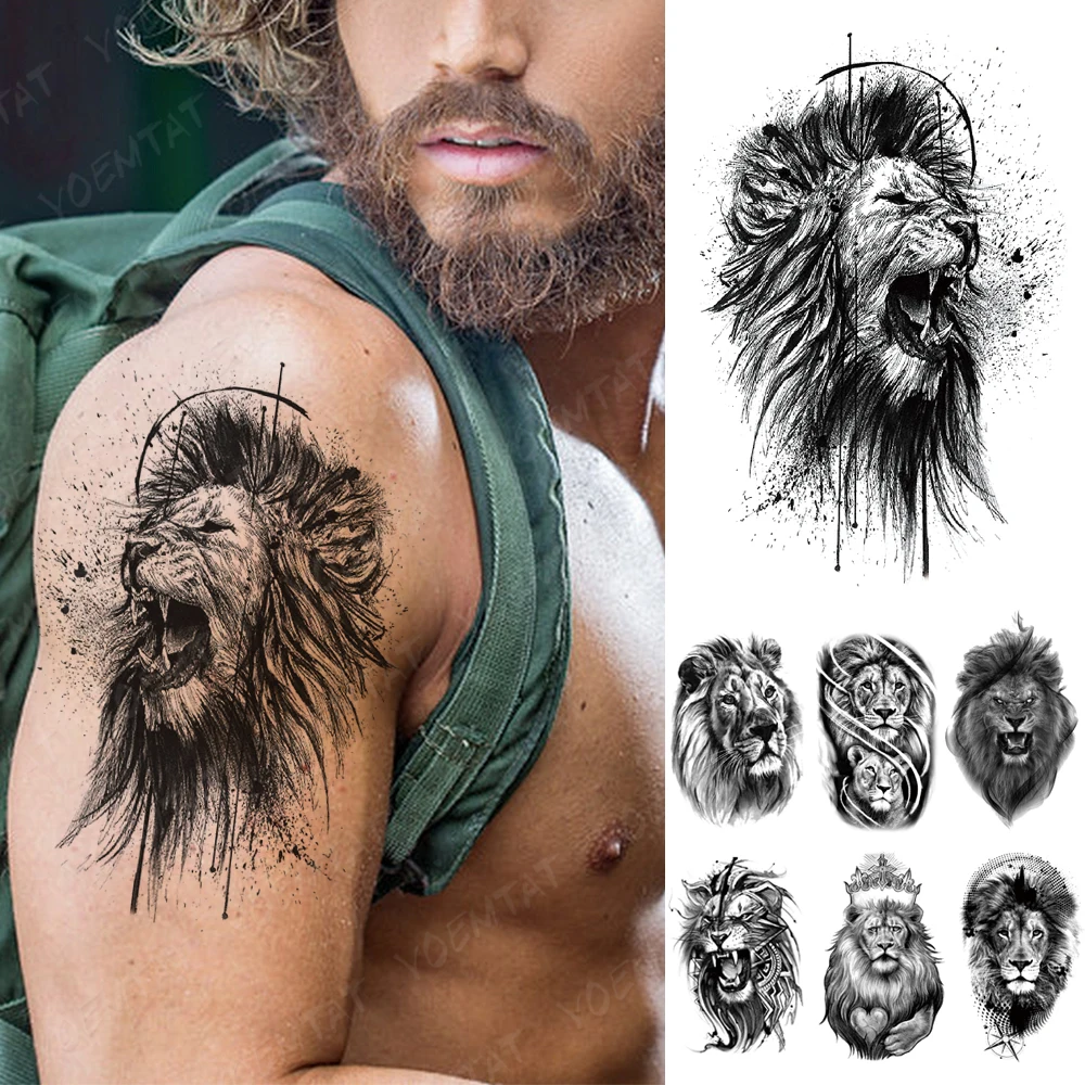 

Waterproof Temporary Tattoo Sticker Black tiger lion realistic sketch Tattoos beast animal Body Art Arm Fake Tatoo Men Women