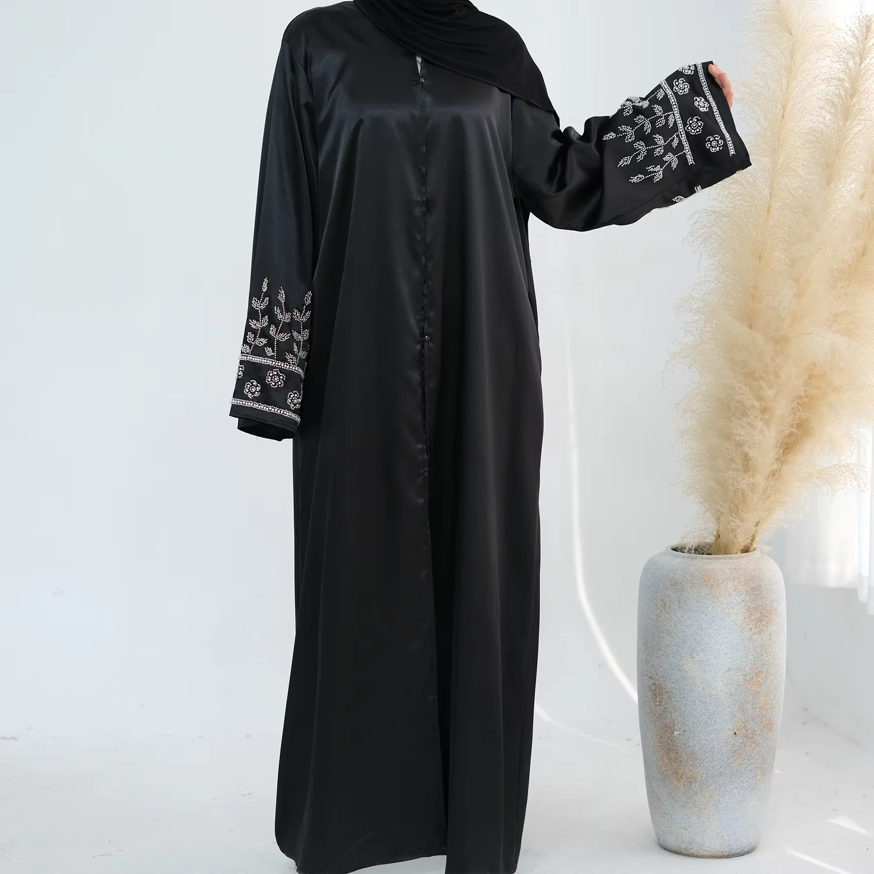 

Ramadan Beads Abayas for Women Muslim Satin Maxi Dress Dubai Kaftan Turkey Robe Islam Clothing Eid Kimono Cardigan Kebaya Abaya
