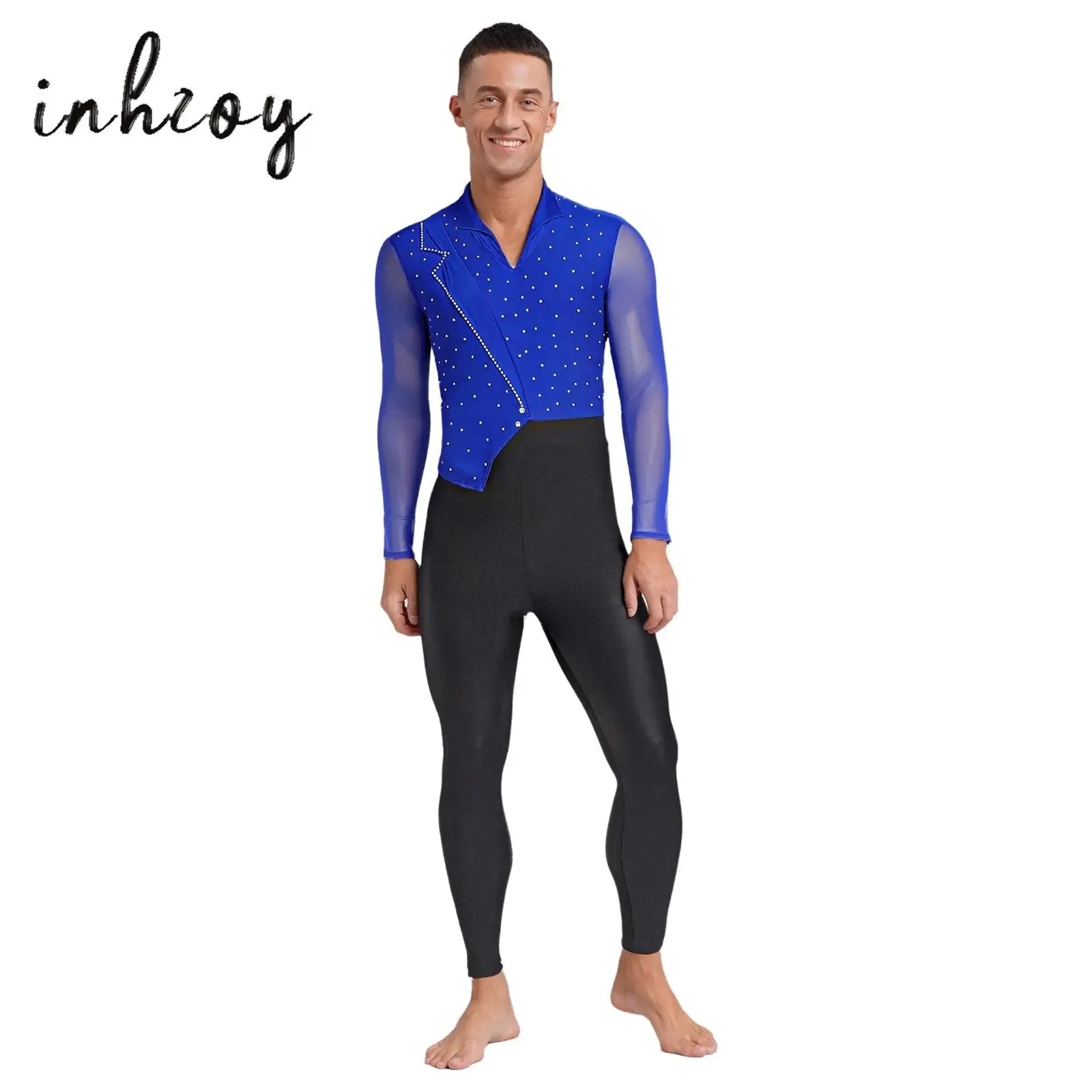 

Men Jazz Latin Dance Jumpsuit Fashion Asymmetrical Sheer Mesh Long Sleeves Rhinestones Color Block Bodysuit for Competition
