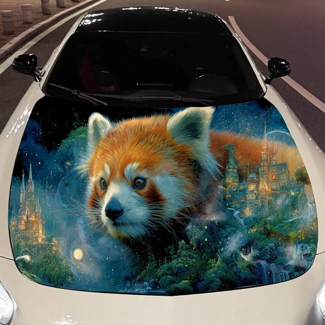 

Iridescent Red Panda and Blue Star City Car Vinyl Wrap, PVC Material Waterproof Car Hood Sticker, Self-Adhesive Scratch-Resistan