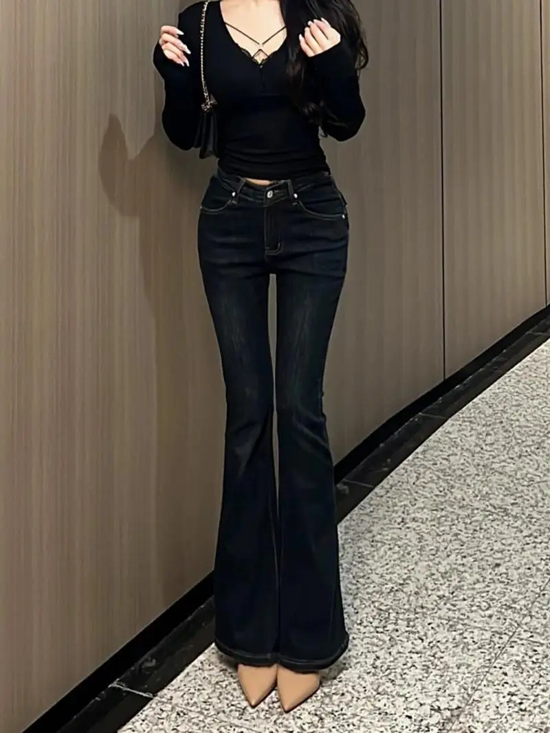 American High Street Sexy Spicy Girl Jeans svasati Pantaloni estivi da donna a vita alta elastici sottili con vita a V lunghi fino al pavimento