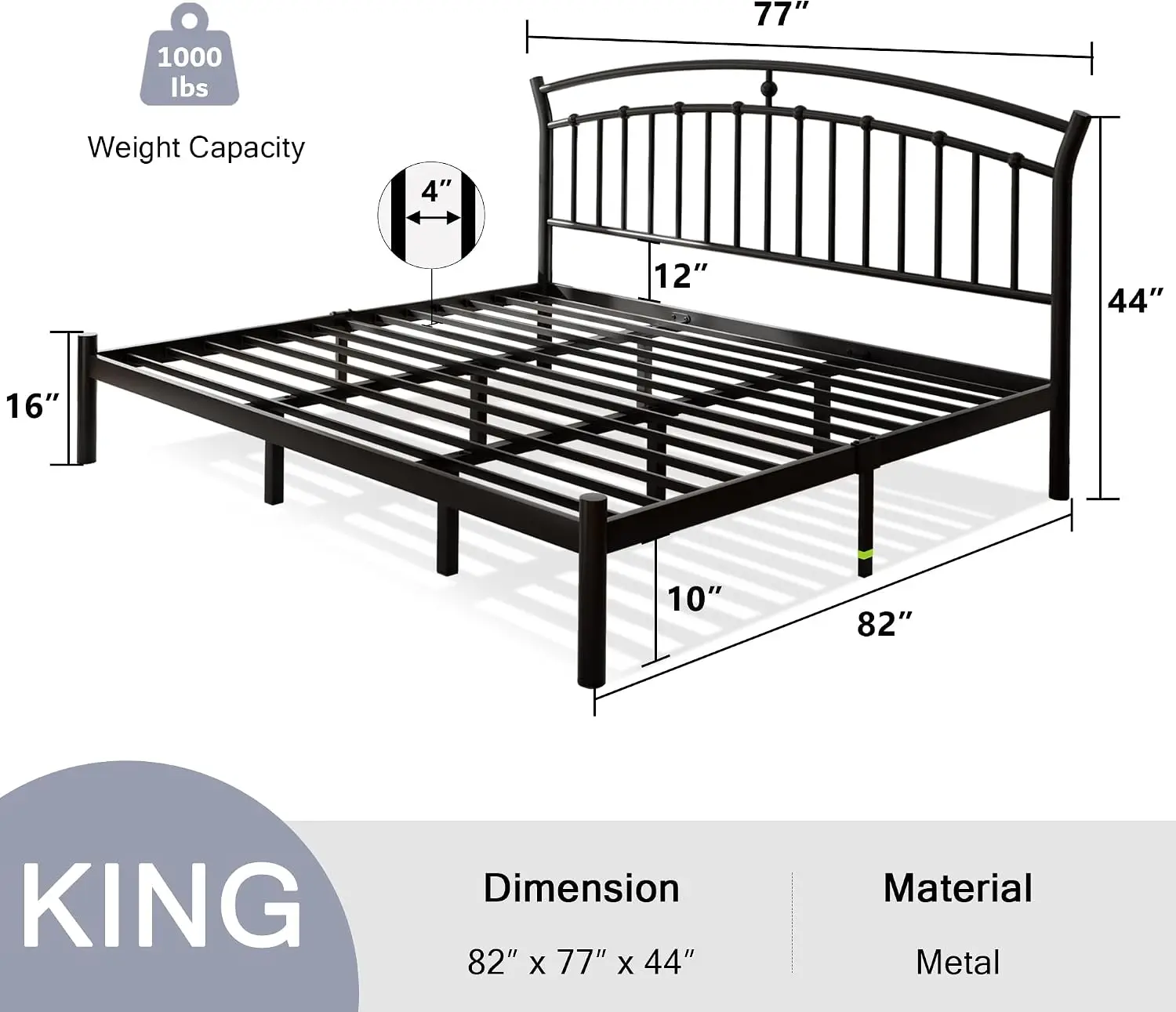 King Size Bed Frame, Classic Black Metal Bed Frame with 12
