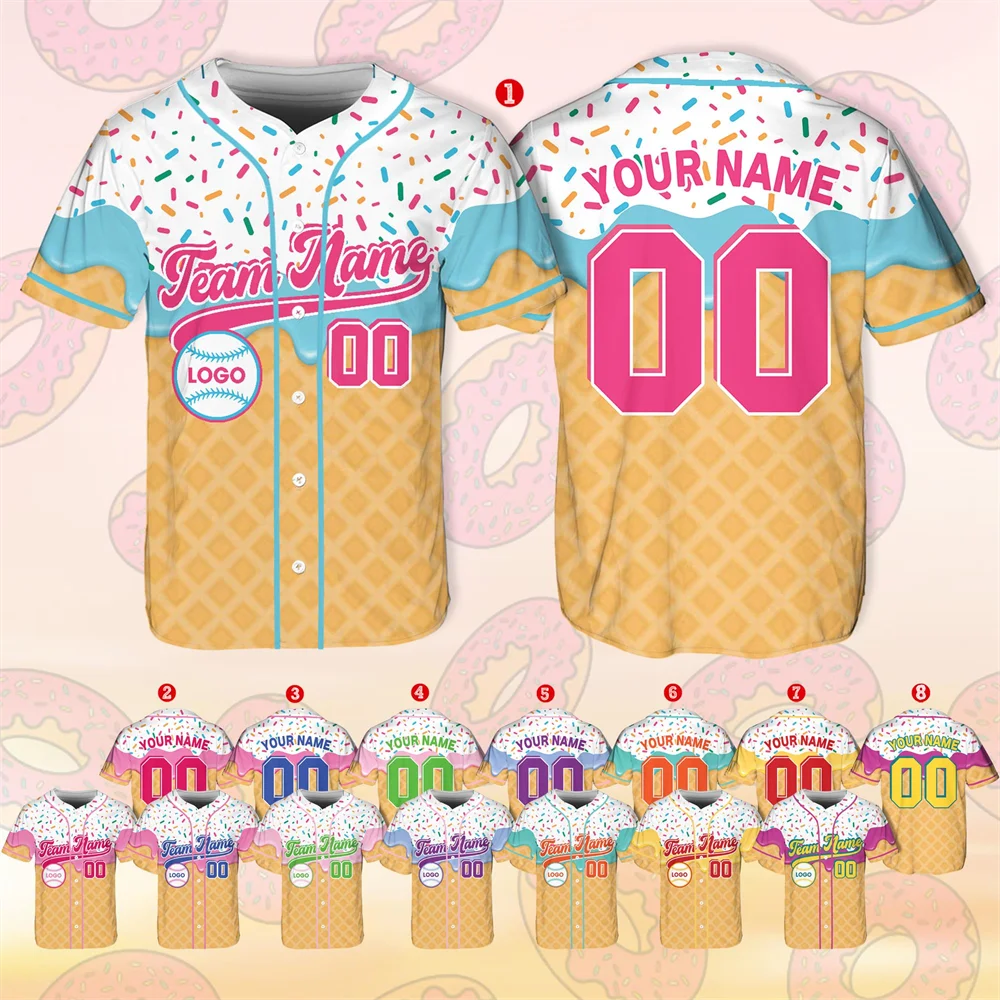 Personalized Ice Cream Baseball Jersey Custom Name Number Shirt 3D Print Funny Ice Cream Baseball Shirt Team Outfit Sport Jersey
