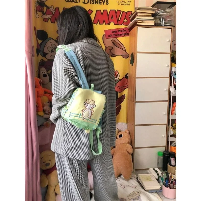 Xiuya-Sac à dos en mouton mignon pour femme, petit sac à dos brodé de dessin animé, sacs à dos décontractés Kawaii, style Harajuku, esthétique féminine, mode